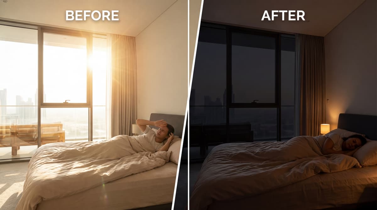Before and after blackout window film in a Dubai bedroom