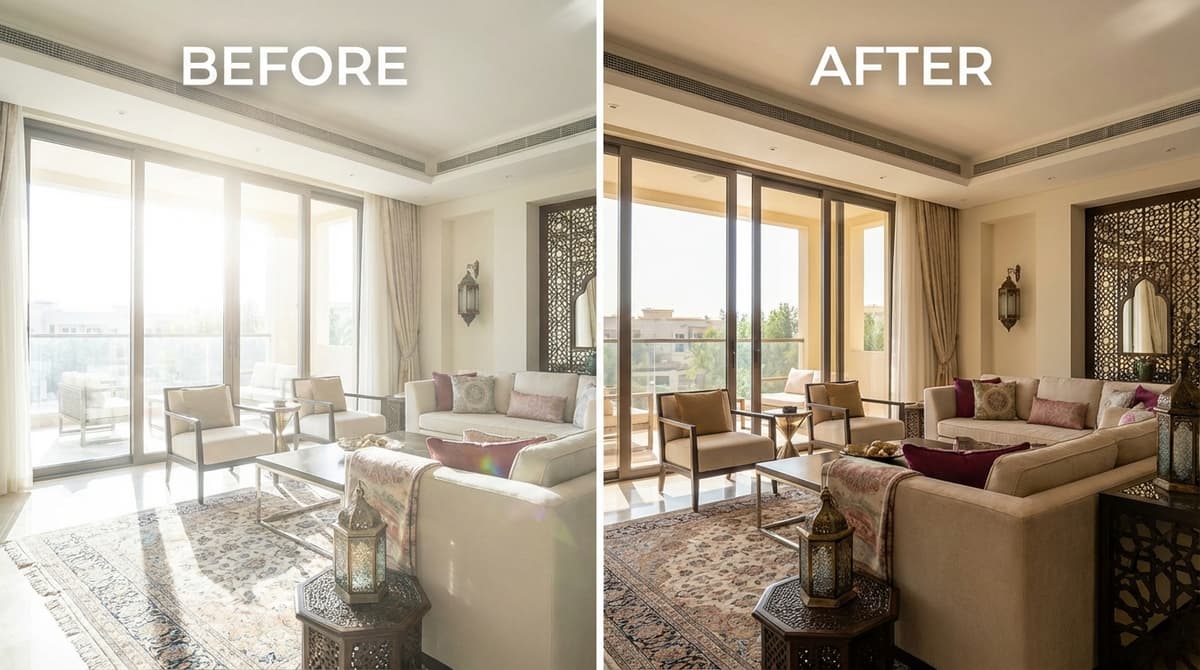 Before and after heat reduction window film in a Dubai villa living room