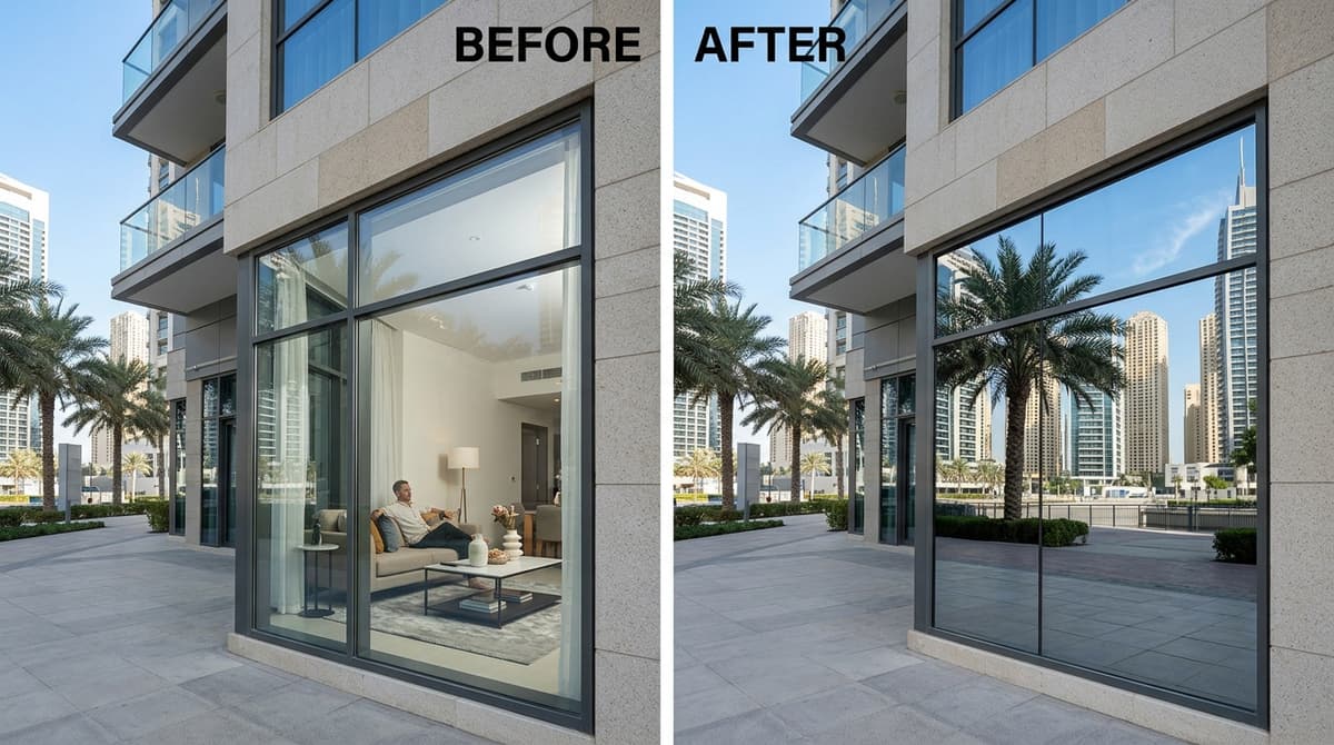 Before and after one-way mirror privacy film on a Dubai apartment window