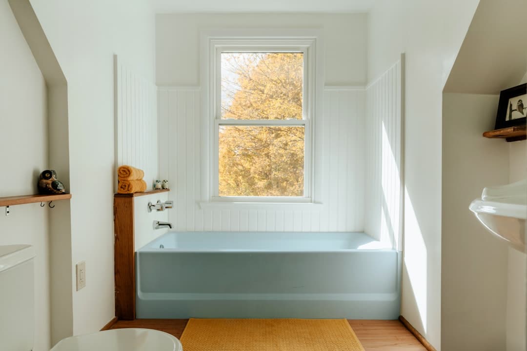 Bathroom with frosted window film and natural light